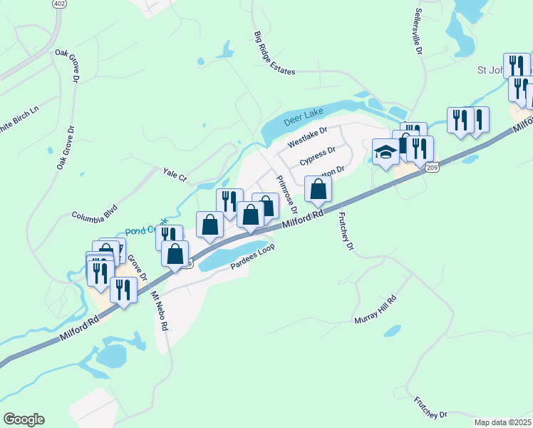 map of restaurants, bars, coffee shops, grocery stores, and more near 125 Charlotte Way in East Stroudsburg
