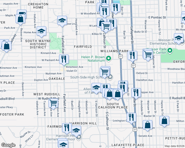 map of restaurants, bars, coffee shops, grocery stores, and more near 3426 Webster Street in Fort Wayne