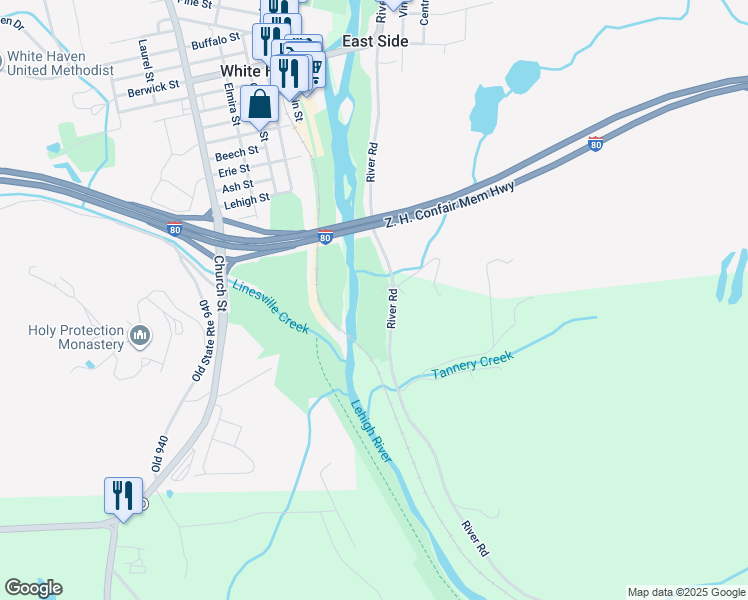 map of restaurants, bars, coffee shops, grocery stores, and more near 233 South River Street in White Haven