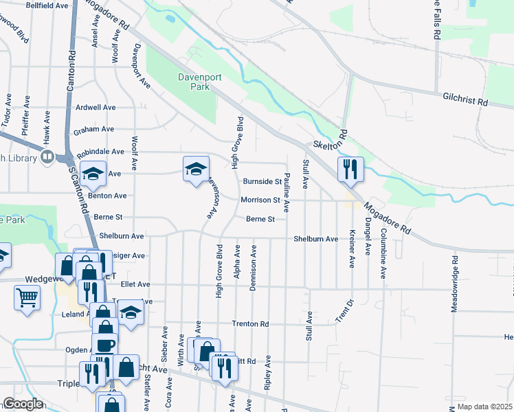 map of restaurants, bars, coffee shops, grocery stores, and more near 2849 Morrison Street in Akron