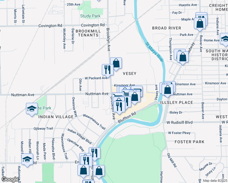 map of restaurants, bars, coffee shops, grocery stores, and more near 3433 Brooklyn Avenue in Fort Wayne