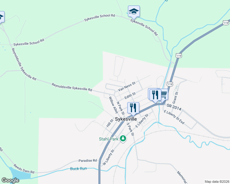 map of restaurants, bars, coffee shops, grocery stores, and more near 3 Stahl Street in Sykesville