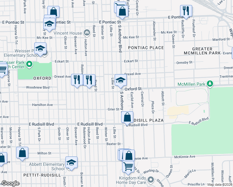 map of restaurants, bars, coffee shops, grocery stores, and more near 3429 Lillie Street in Fort Wayne
