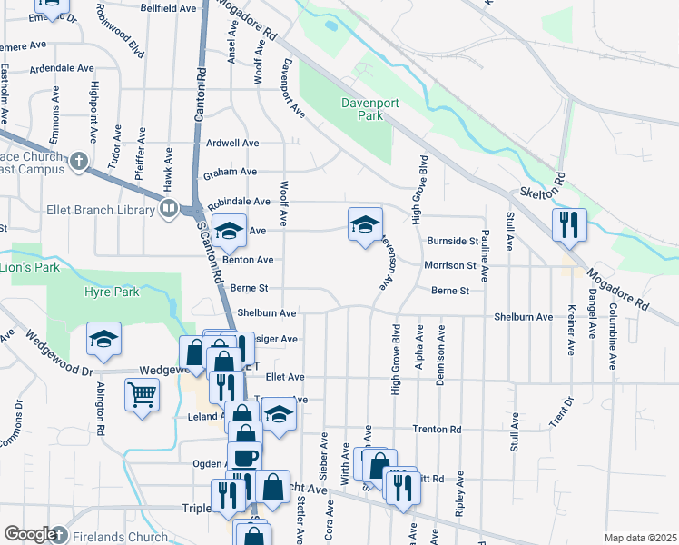 map of restaurants, bars, coffee shops, grocery stores, and more near 309 Woolf Avenue in Akron