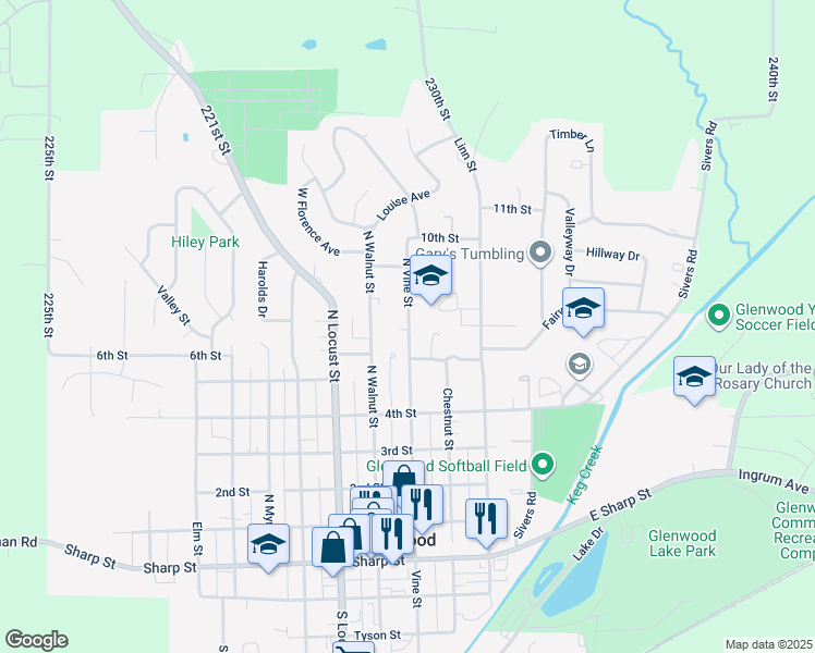 map of restaurants, bars, coffee shops, grocery stores, and more near 700 North Vine Street in Glenwood