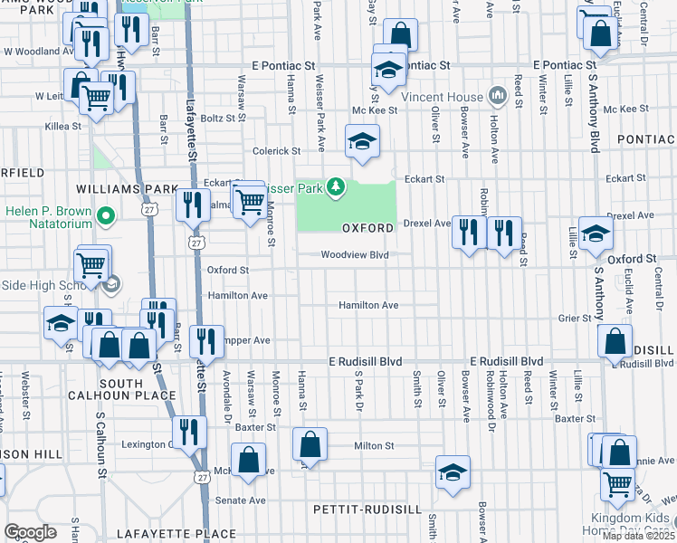 map of restaurants, bars, coffee shops, grocery stores, and more near 814 Oxford Street in Fort Wayne