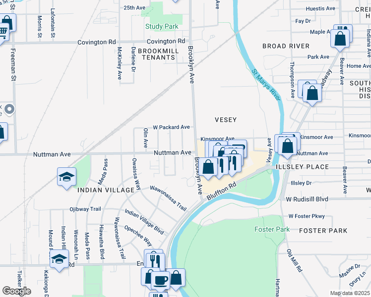 map of restaurants, bars, coffee shops, grocery stores, and more near 2028 Nuttman Avenue in Fort Wayne