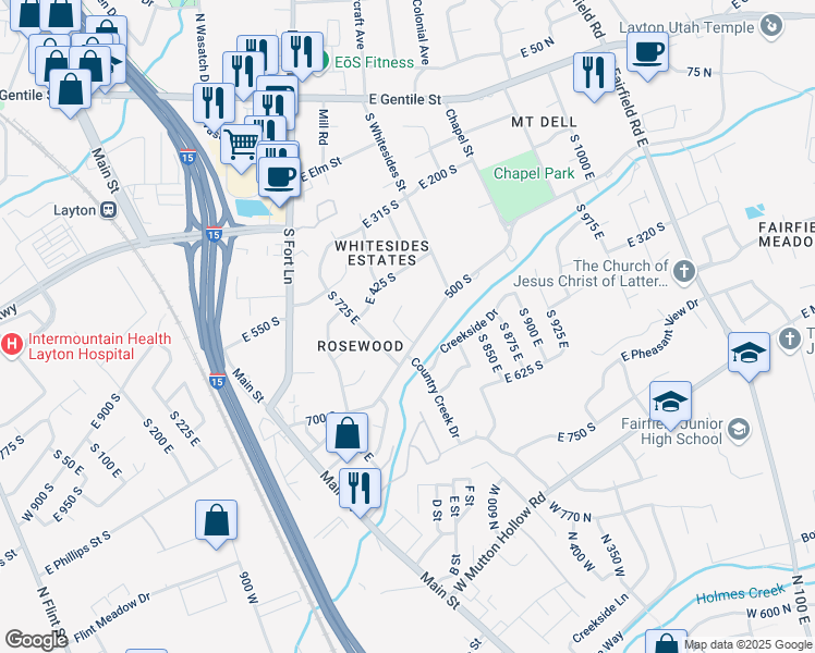 map of restaurants, bars, coffee shops, grocery stores, and more near 767 Rosewood Lane in Layton