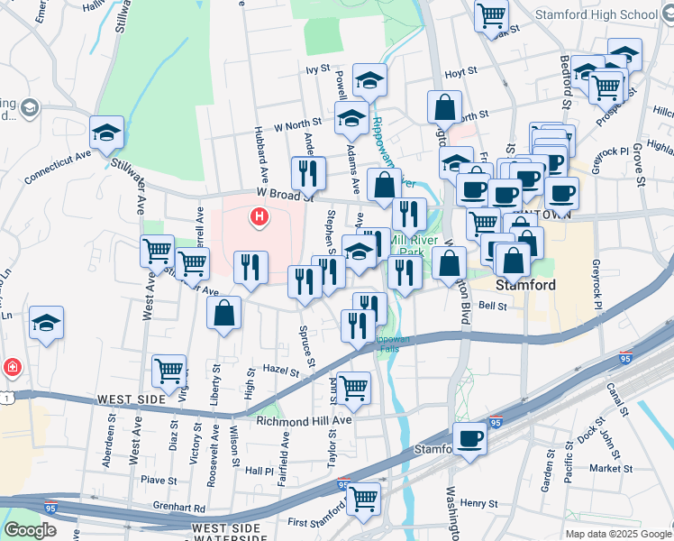 map of restaurants, bars, coffee shops, grocery stores, and more near 28 Schuyler Avenue in Stamford