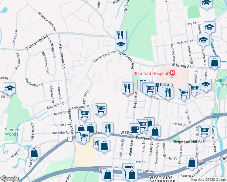map of restaurants, bars, coffee shops, grocery stores, and more near 28 Westwood Drive in Stamford