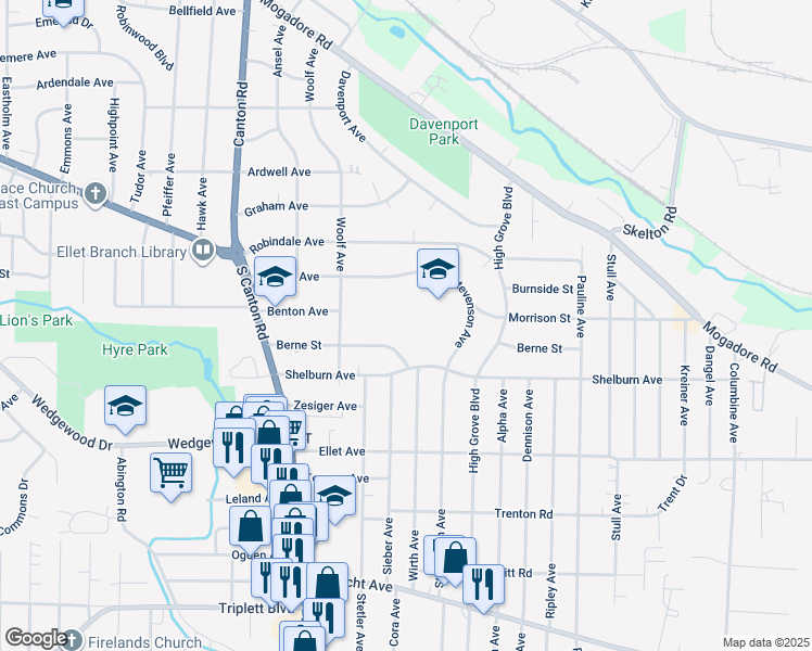 map of restaurants, bars, coffee shops, grocery stores, and more near 309 Woolf Avenue in Akron