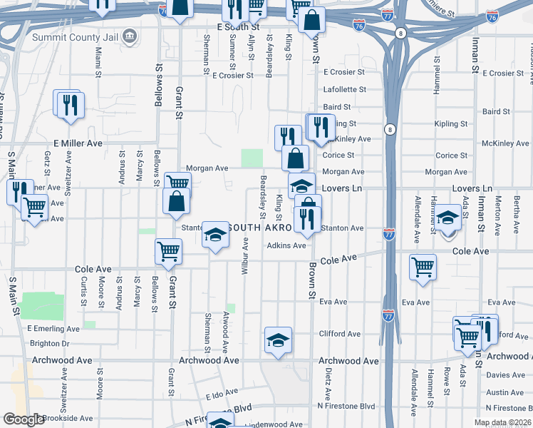 map of restaurants, bars, coffee shops, grocery stores, and more near 1047 Beardsley Street in Akron