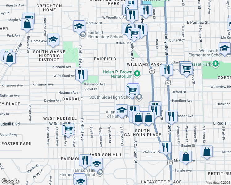 map of restaurants, bars, coffee shops, grocery stores, and more near 3426 Webster Street in Fort Wayne