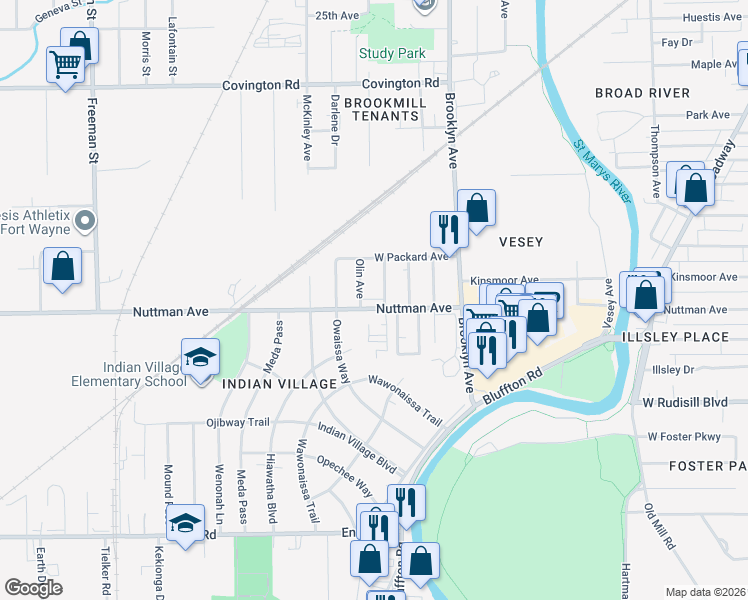 map of restaurants, bars, coffee shops, grocery stores, and more near 3414 Illamna Avenue in Fort Wayne