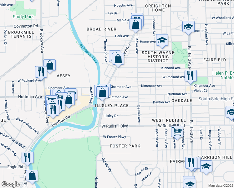 map of restaurants, bars, coffee shops, grocery stores, and more near 1222 Nuttman Avenue in Fort Wayne