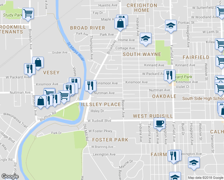 map of restaurants, bars, coffee shops, grocery stores, and more near 1140 Nuttman Avenue in Fort Wayne