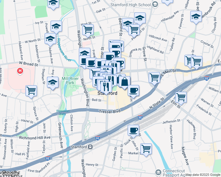 map of restaurants, bars, coffee shops, grocery stores, and more near 130 Atlantic Street in Stamford