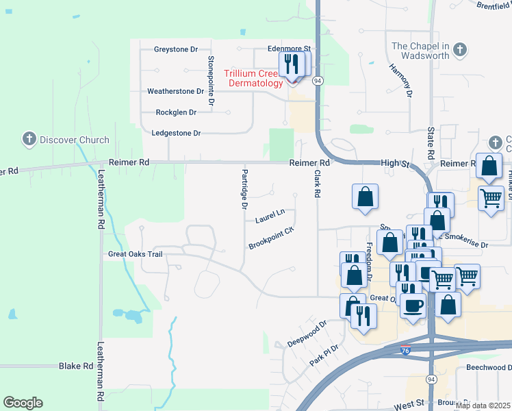 map of restaurants, bars, coffee shops, grocery stores, and more near 379 Stonybrook Circle in Wadsworth