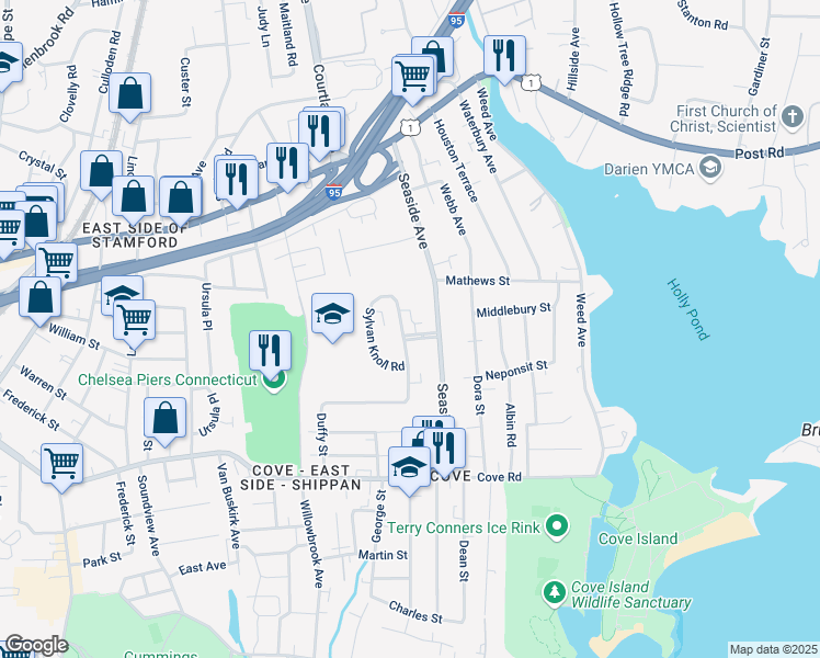 map of restaurants, bars, coffee shops, grocery stores, and more near 161 Sylvan Knoll Road in Stamford