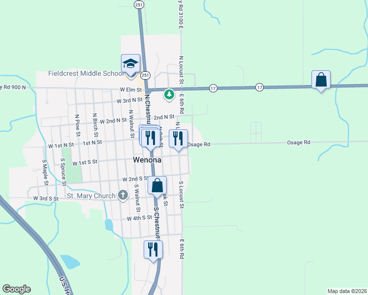 map of restaurants, bars, coffee shops, grocery stores, and more near 109 North Locust Street in Wenona