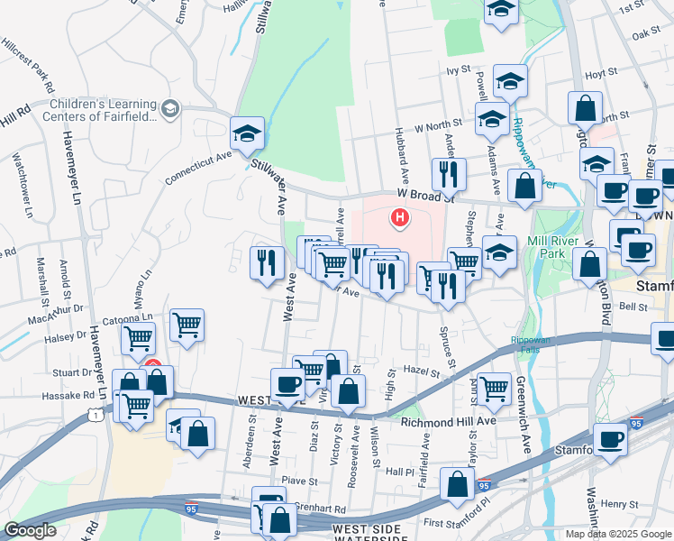 map of restaurants, bars, coffee shops, grocery stores, and more near 98 Merrell Avenue in Stamford