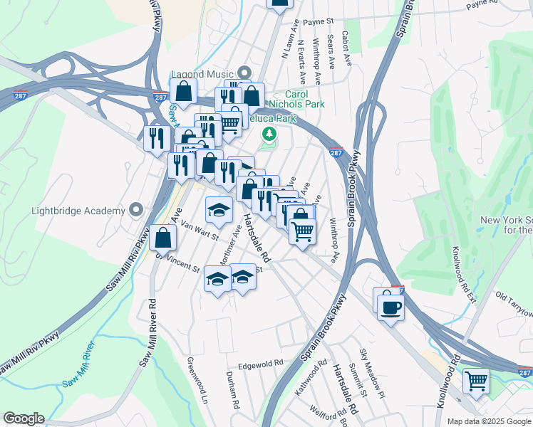 map of restaurants, bars, coffee shops, grocery stores, and more near 95 Tarrytown Road in White Plains