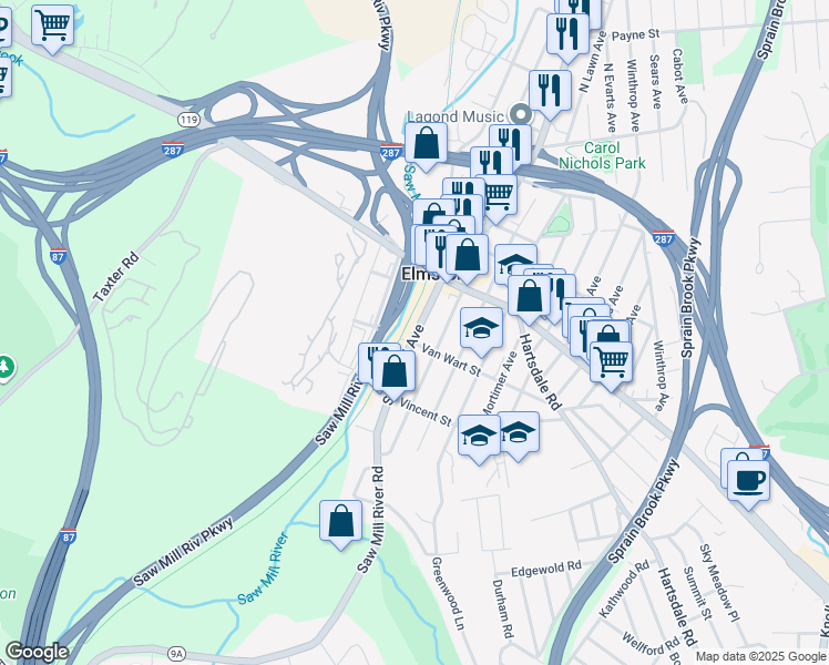 map of restaurants, bars, coffee shops, grocery stores, and more near 57 Saw Mill River Road in Elmsford
