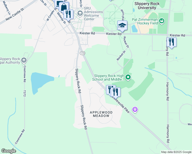 map of restaurants, bars, coffee shops, grocery stores, and more near 693 Centreville Pike in Slippery Rock