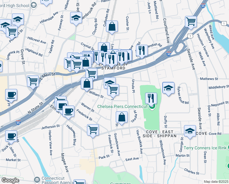 map of restaurants, bars, coffee shops, grocery stores, and more near 72 Lockwood Avenue in Stamford