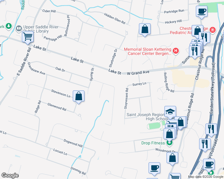 map of restaurants, bars, coffee shops, grocery stores, and more near 96 Oak Drive in Upper Saddle River