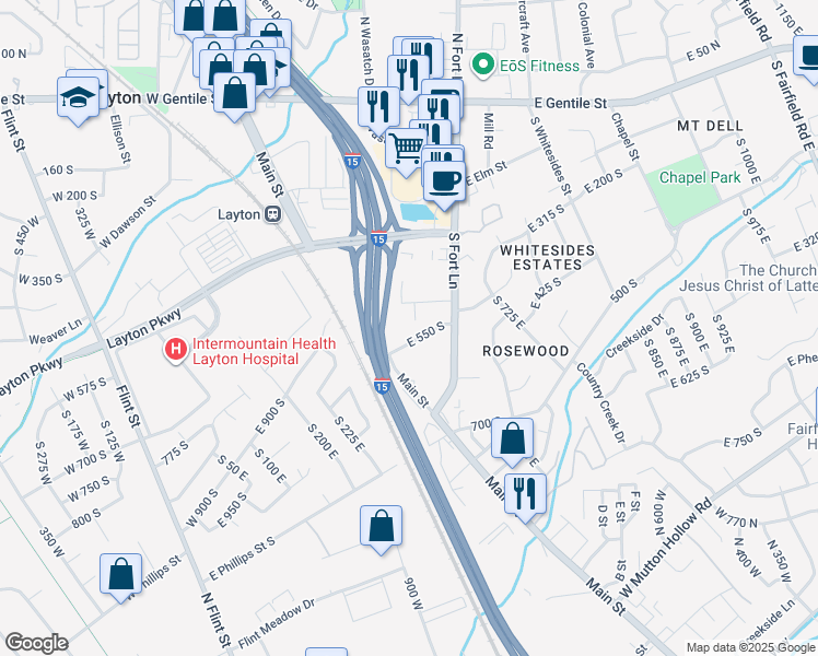 map of restaurants, bars, coffee shops, grocery stores, and more near 355 East 550 South in Layton