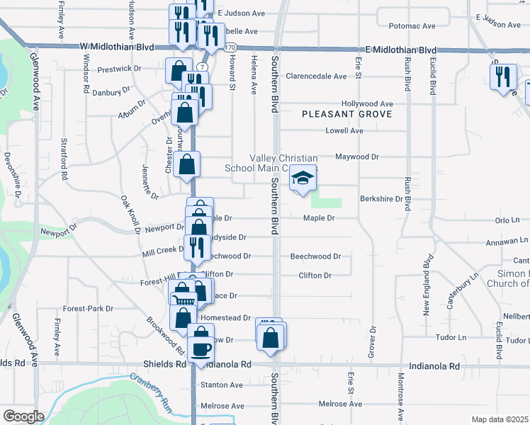 map of restaurants, bars, coffee shops, grocery stores, and more near 4442 Southern Boulevard in Youngstown
