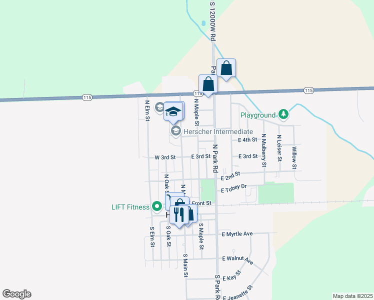 map of restaurants, bars, coffee shops, grocery stores, and more near 341 North Main Street in Herscher