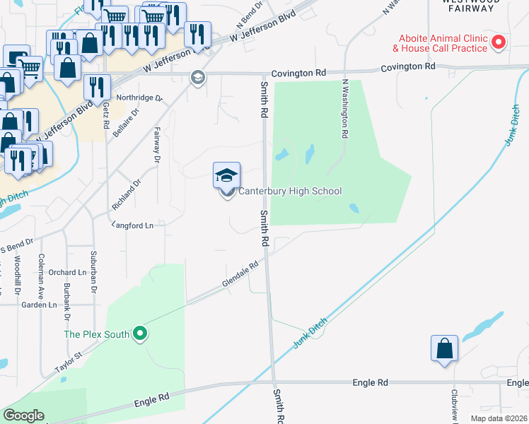 map of restaurants, bars, coffee shops, grocery stores, and more near 3415 Smith Road in Fort Wayne