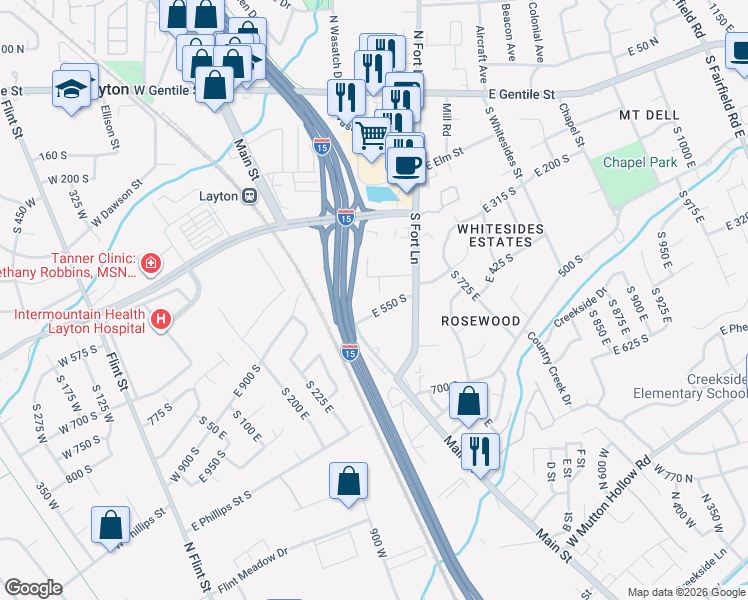 map of restaurants, bars, coffee shops, grocery stores, and more near 355 East 550 South in Layton