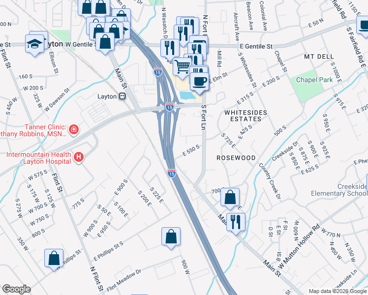 map of restaurants, bars, coffee shops, grocery stores, and more near 355 East 550 South in Layton