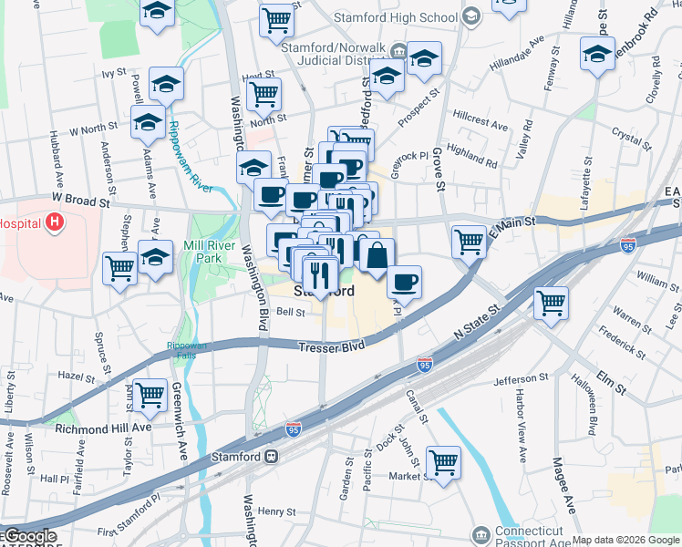 map of restaurants, bars, coffee shops, grocery stores, and more near in Stamford