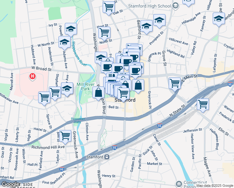 map of restaurants, bars, coffee shops, grocery stores, and more near 37 Summer Street in Stamford