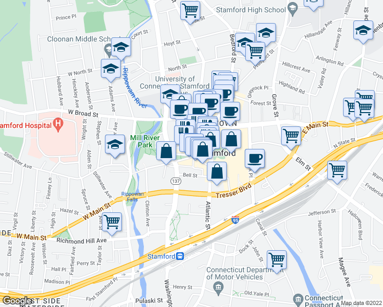 map of restaurants, bars, coffee shops, grocery stores, and more near 37 Summer Street in Stamford