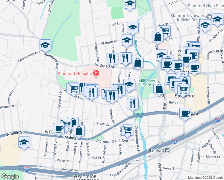 map of restaurants, bars, coffee shops, grocery stores, and more near 39 Alden Street in Stamford
