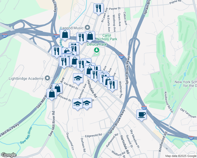 map of restaurants, bars, coffee shops, grocery stores, and more near 95 Tarrytown Road in White Plains