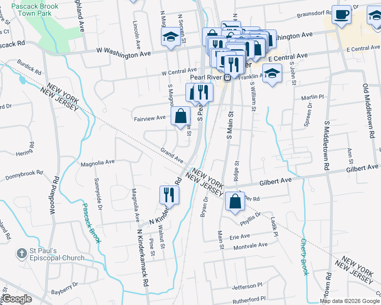 map of restaurants, bars, coffee shops, grocery stores, and more near 139 South Pearl Street in Pearl River