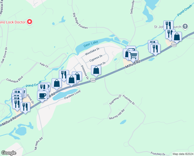 map of restaurants, bars, coffee shops, grocery stores, and more near 5089 Milford Rd in East Stroudsburg