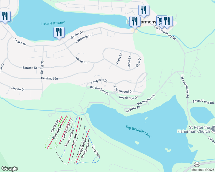 map of restaurants, bars, coffee shops, grocery stores, and more near 12 Beachwood Court in Lake Harmony