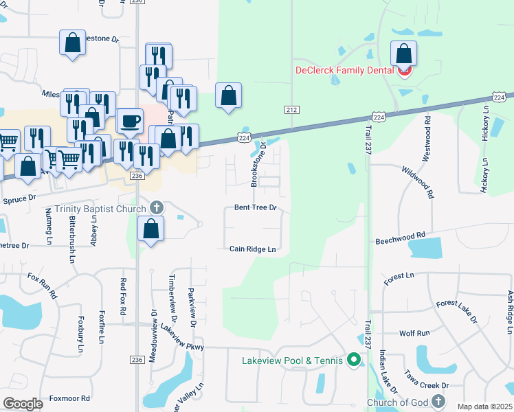 map of restaurants, bars, coffee shops, grocery stores, and more near 15330 Bent Tree Drive in Findlay