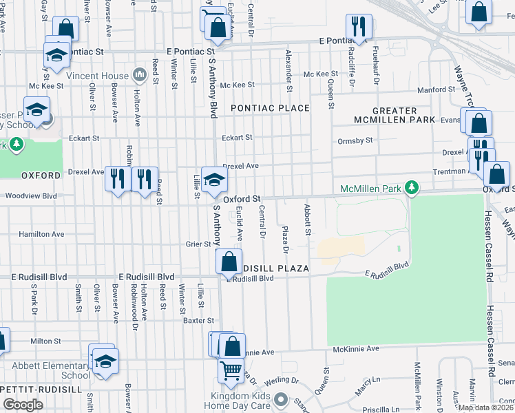 map of restaurants, bars, coffee shops, grocery stores, and more near 1930 Oxford Street in Fort Wayne