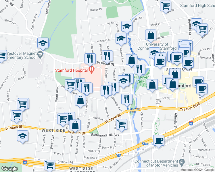 map of restaurants, bars, coffee shops, grocery stores, and more near 38 Alden Street in Stamford