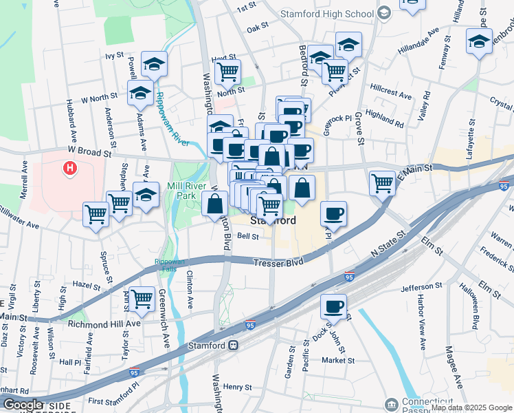 map of restaurants, bars, coffee shops, grocery stores, and more near 37 Summer Street in Stamford