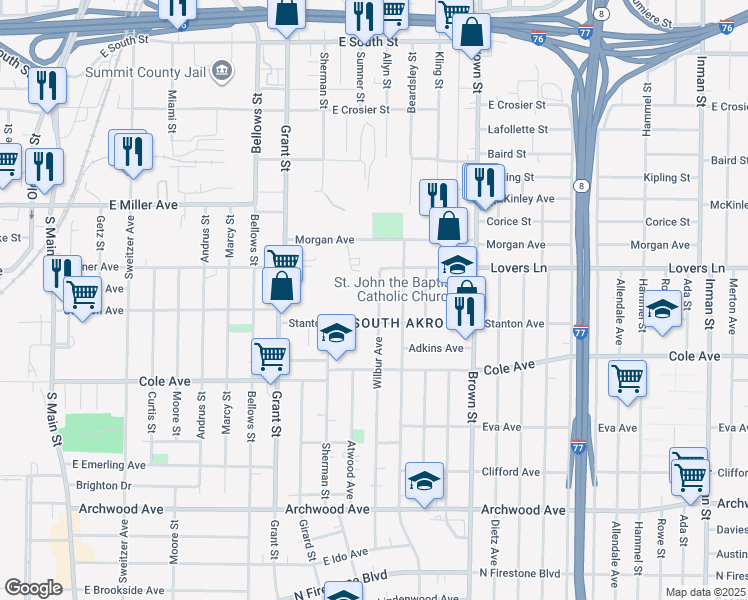 map of restaurants, bars, coffee shops, grocery stores, and more near 1086 Wilbur Avenue in Akron