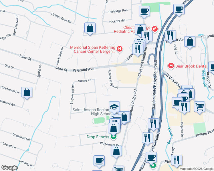 map of restaurants, bars, coffee shops, grocery stores, and more near 1 Rustic Circle in Montvale